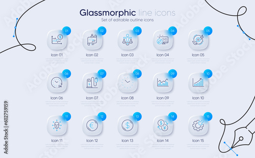 Set of Journey path, Currency exchange and Charging station line icons for web app. Web system, 24 hours, Euro money icons. Seo gear, Infochart, Face biometrics signs. Dollar money. Vector