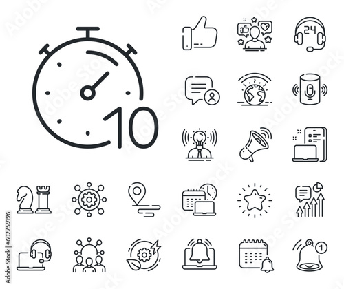 Stopwatch time sign. Place location, technology and smart speaker outline icons. Timer 10 minutes line icon. Countdown clock symbol. Timer line sign. Influencer, brand ambassador icon. Vector