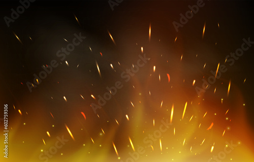 Realistic vector isolated fire effect with smoke background. Sparkle, flame and light concept.
