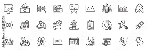 Icons pack as Budget, Card and Wallet money line icons for app include Loan percent, Fast payment, Wallet outline thin icon web set. Fraud, Coins, Bitcoin project pictogram. Checklist. Vector