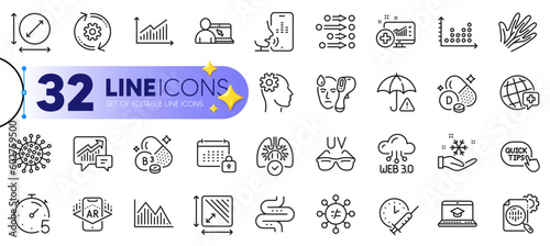 Outline set of Engineering, Accounting and Timer line icons for web with Freezing, Website education, Online education thin icon. Vitamin d, Dot plot, Discrimination pictogram icon. Vector