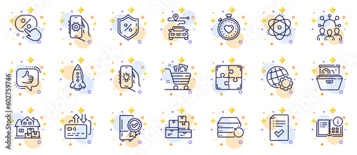 Outline set of Electric app, Discount button and Approved checklist line icons for web app. Include Heartbeat timer, Recovery server, Squad pictogram icons. Atom, Instruction info. Vector