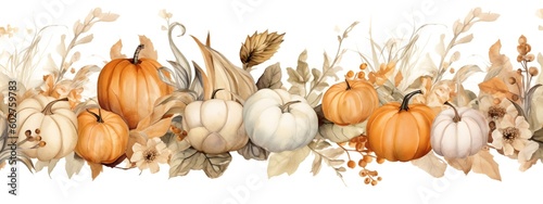 Pumpkins watercolor, generative ai image, wide beige boho background photo