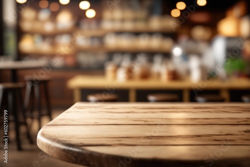 The blurred cafe background complements the wooden table for product display and decoration. (Generative AI) © HandmadePictures