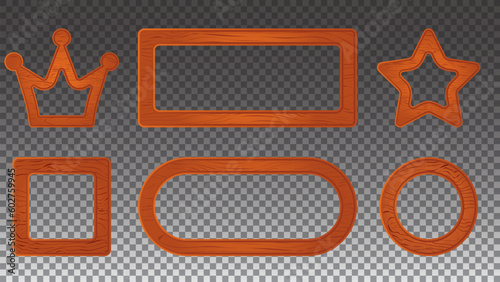 Orange wood game sign board vector cartoon panel. Wooden texture signboard frame ui interface shape menu kit. Farm mobile app isolated plaque element. Blank label illustration with crown and star.