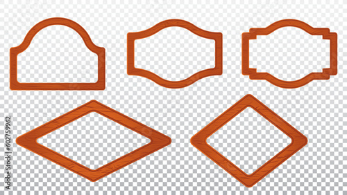 Retro orange wood sign board cartoon vector panel. Wooden texture rhombus frame banner. Ui signboard design set for farm rustic app menu template. Blank level label piece illustration collection.