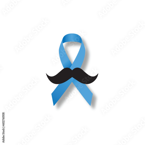 Prostate cancer awareness ribbon. Light blue ribbon with mustache. Vector illustration
