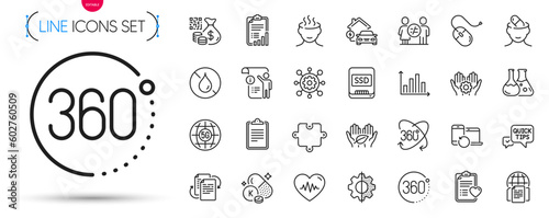 Pack of Transform, Bureaucracy and Ssd line icons. Include Checklist, Quick tips, Discrimination pictogram icons. 360 degrees, Chemistry lab, Recovery devices signs. Diagram graph. Vector