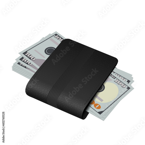 Vector illustration of business black leather wallet with USD dollar currency on white background, suitable for personal finance, budgeting and e-commerce concepts