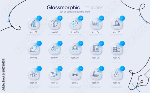 Set of Buildings, Operational excellence and Petrol station line icons for web app. Power info, Engineer, Wholesale goods icons. Parcel shipping, Entrance, Global engineering signs. Vector