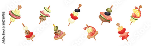 Skewered Canape or Appetizer as Cold Food Vector Set