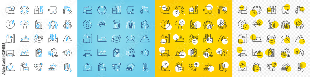 Vector icons set of Electricity factory, Inclusion and Checklist line icons pack for web with Timer, Stock analysis, Money outline icon. Puzzle, Report, Credit card pictogram. Brush. Vector