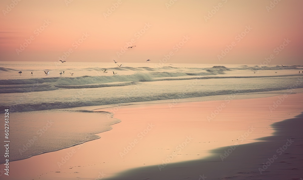 Obraz premium birds flying over the ocean at sunset on a beach with waves. generative ai