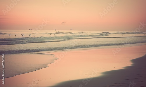  birds flying over the ocean at sunset on a beach with waves. generative ai
