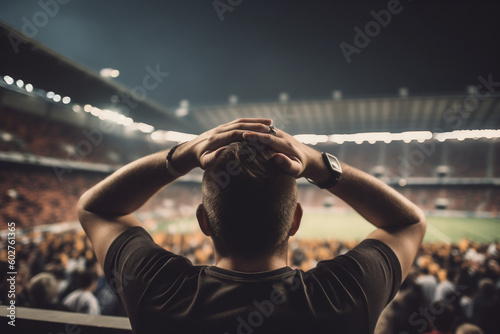 Fan with hands on head while watching a football match in a stadium. Generative AI