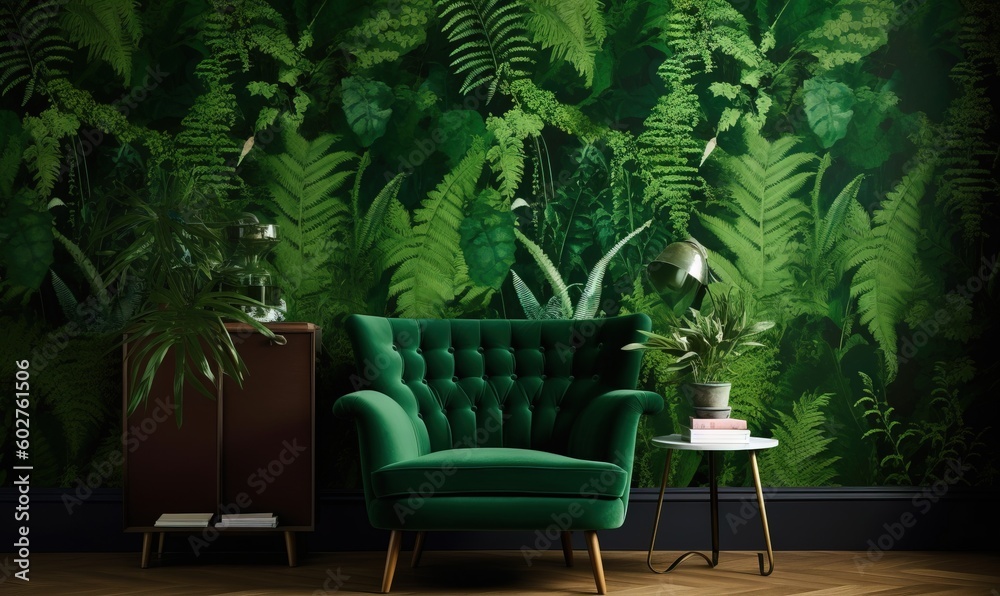  a green chair sitting in front of a green wall with a plant on it.  generative ai