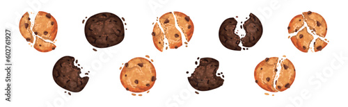 Chocolate Cookies with Drops and Crumbs Vector Set