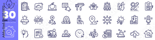 Web3, Cloud upload and Checked calculation line icons pack. Phone payment, Add team, Laptop web icon. Group people, Rfp, Accounting report pictogram. Project edit, Inspect, Idea. Vector