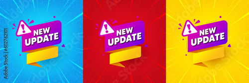 New update paper banner. Sunburst offer banner, flyer or poster. Important message tag. Exclamation mark icon. New update promo event banner. Starburst pop art coupon. Special deal. Vector