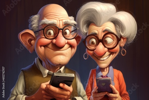 Whimsical Cartoon Illustrations of Tech-Savvy Seniors Engrossed in Phone Usage, in Surrealistic Portraiture Style, Generative AI