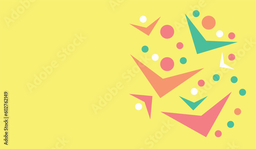vector illustration yellow background with dynamic geometric pattern in the form of circles and checkmarks. Abstract image of the beach, birds and pearls