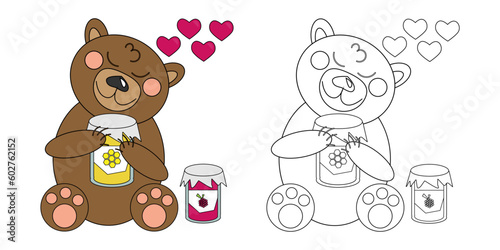 Vector illustration coloring book brown cartoon teddy bear with treats: jars of honey and raspberry jam. An outline black and white drawing and a color version for an example