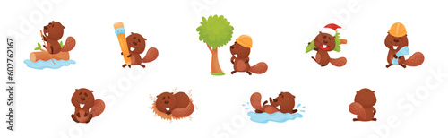 Cute Beaver Character Engaged in Different Activity Vector Set