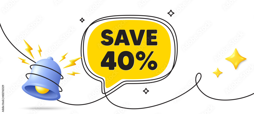 Save 40 percent off tag. Continuous line art banner. Sale Discount offer price sign. Special offer symbol. Discount speech bubble background. Wrapped 3d bell icon. Vector