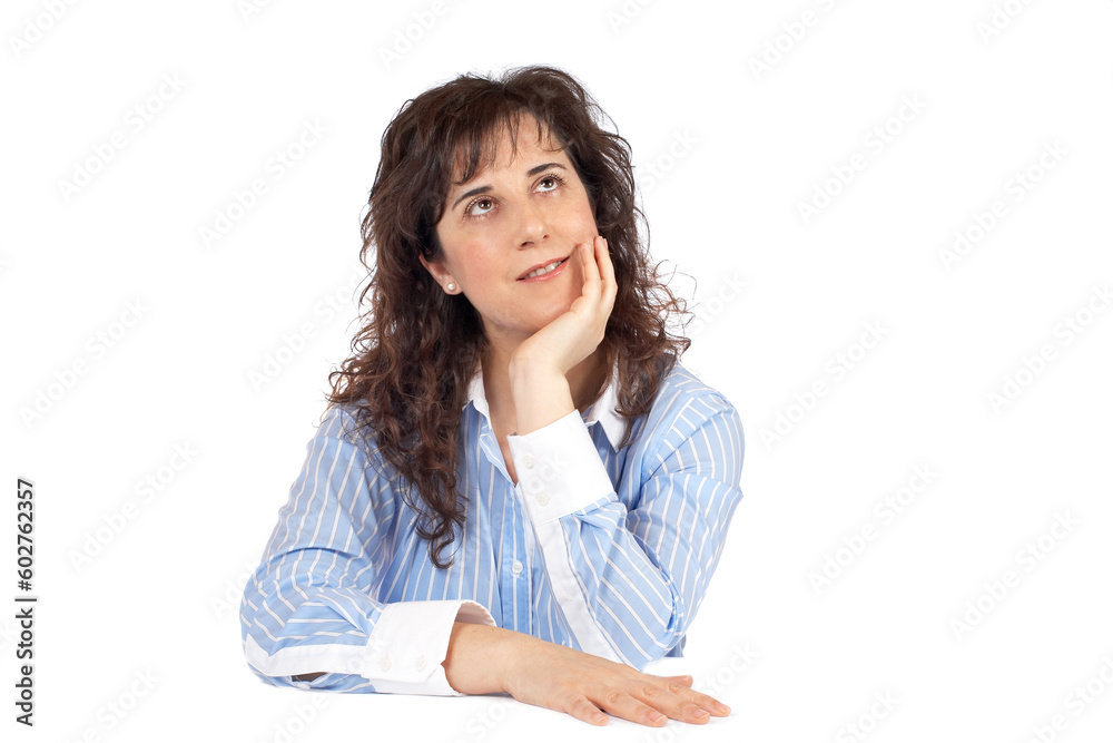 Portrait of a smiling woman thinking over a white background Portrait of a smiling woman thinking over a white background