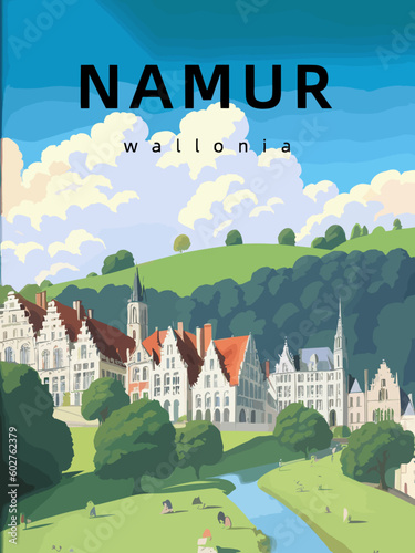 Namur: Retro tourism poster with an Belgian landscape and the headline Namur in Wallonia