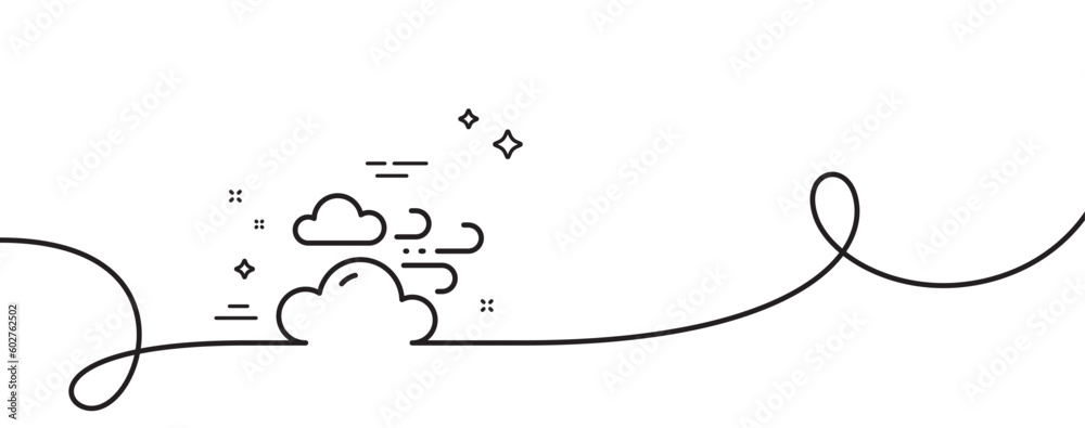 Windy weather line icon. Continuous one line with curl. Clouds with wind sign. Sky symbol. Windy weather single outline ribbon. Loop curve pattern. Vector Windy weather line icon. Continuous one line with curl. Clouds with wind sign. Sky symbol. Windy weather single outline ribbon. Loop curve pattern. Vector