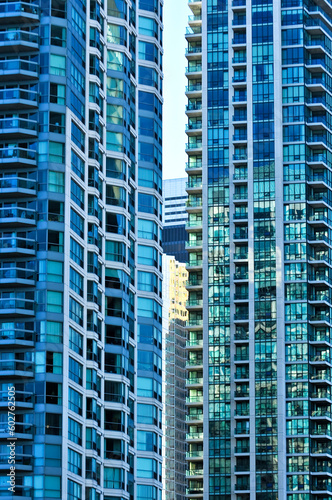 Tall condominium or apartment buildings in the city