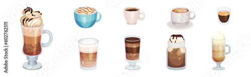 Different Coffee with Froth and Cream in Ceramic Cup and Glass Vector Set