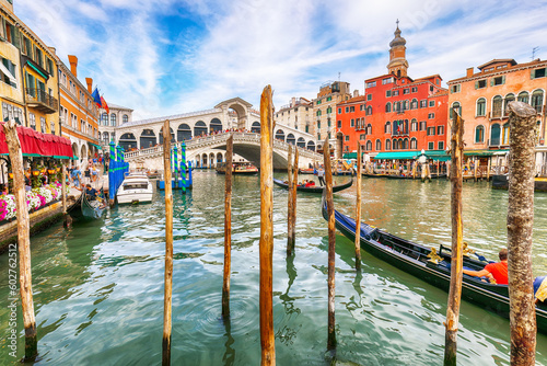 Picturesque morning cityscape of Venice with famous Canal Grande and colorful view of Rialto Bridge