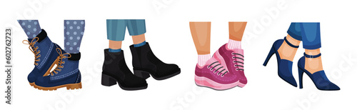 Female Legs Wearing Fashion Shoes and Footwear Vector Set