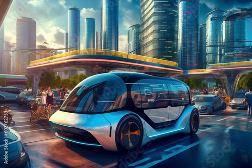autonomous electric vehicle driving through a smart city