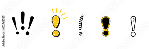 Exclamation mark or attention on white background. Set icon in Doodle style.