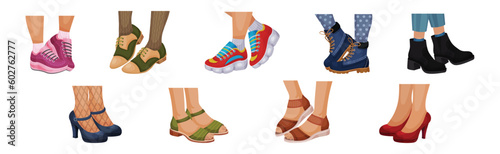 Female Legs Wearing Fashion Shoes and Footwear Vector Set