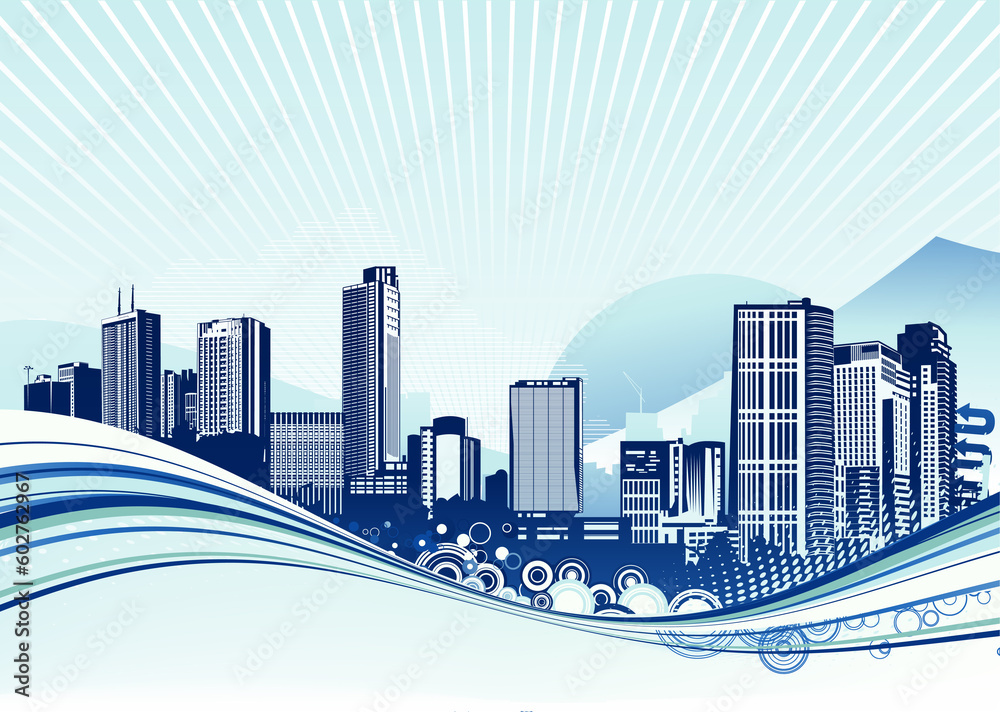 Vector illustration of Big City.  Blue urban background with abstract composition of dots and curved lines.