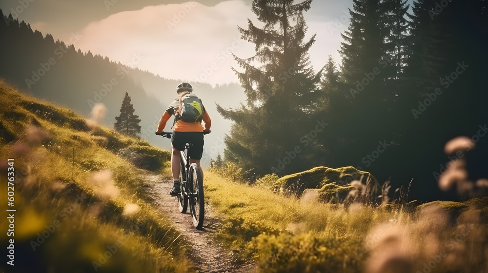 Mountain biking woman riding on bike in summer mountains forest landscape, generative - obrazy, fototapety, plakaty 