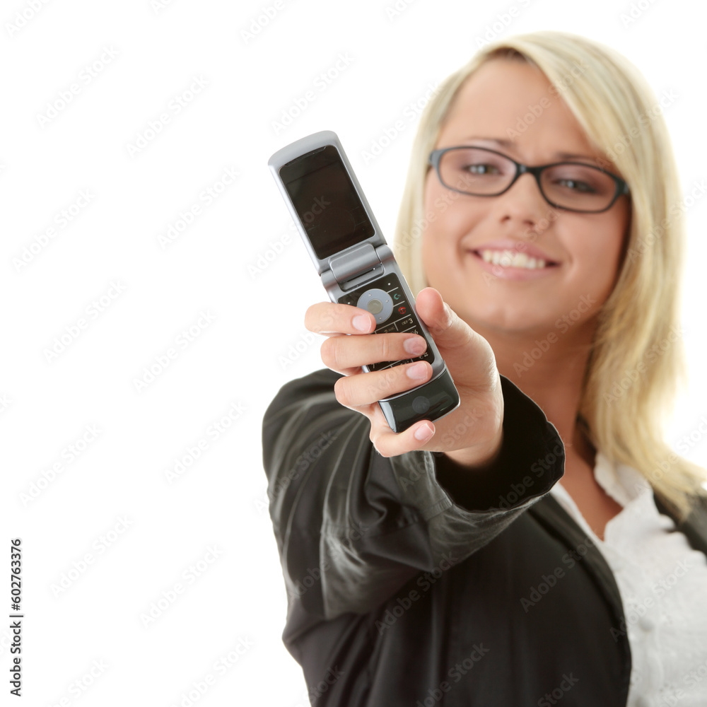 Attractive young business women with cellular phone isolated on white background - focus on phone Attractive young business women with cellular phone isolated on white background - focus on phone