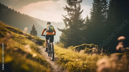 Fotografiet Mountain biking woman riding on bike in summer mountains forest landscape, gener