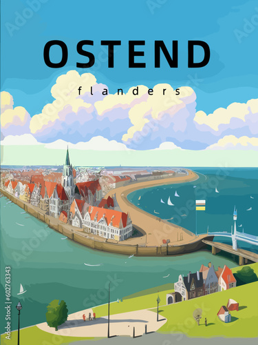 Ostend: Retro tourism poster with an Belgian landscape and the headline Ostend in Flanders photo