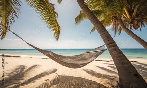  a hammock between two palm trees on a beach. generative ai