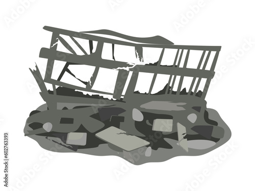 Collapsed building due to earthquake or explosion. The building is in the process of being destroyed due to a natural disaster or fire. Flat vector illustration isolated on white background