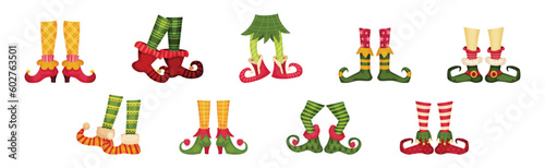 Feets of Christmas Elf and Leprechaun in Boots and Bright Stockings Vector Set