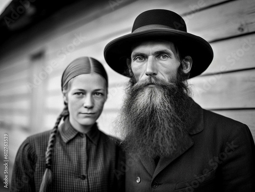 Amish Couple in Traditional Farmer Style Clothing, Man with Long Beard, Black and White Photo - generative AI photo