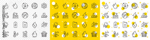 Coal Trolley, Solar Panels, Hydroelectric Power icons. Energy types line icons. Sustainable Electricity, Battery Energy, Fuel canister. Windmill power, Coal mine and Hydroelectricity. Vector