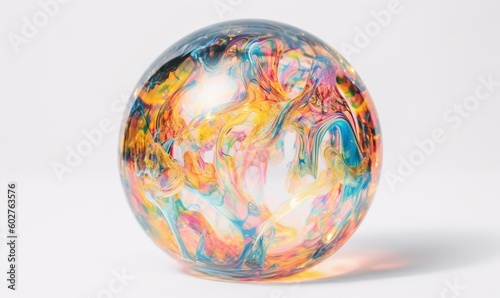  a colorful glass ball sitting on top of a white table. generative ai