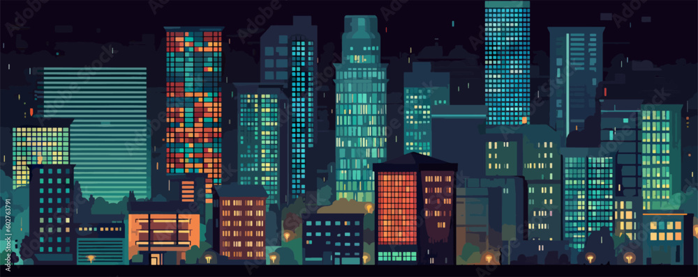 Panorama city building background with windows pixel vector illustration art